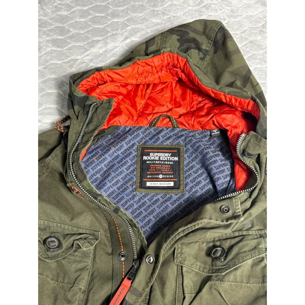 Superdry Rookie Edition Mens Camo Military Field Jacket Green Orange Hooded M